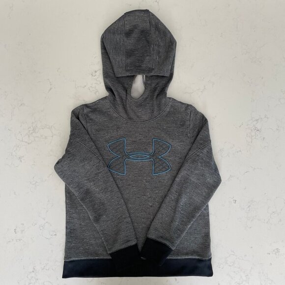 Under Armour Loose Coldgear Activewear LS Hooded Sweatshirt Grey Blk Blue Sz S - Picture 10 of 10